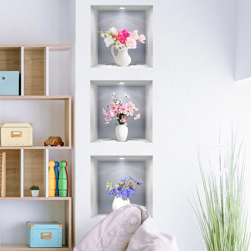 3 Pcs 3D Three-dimensional Simulation Window Flower Wall Sticker Vase Household