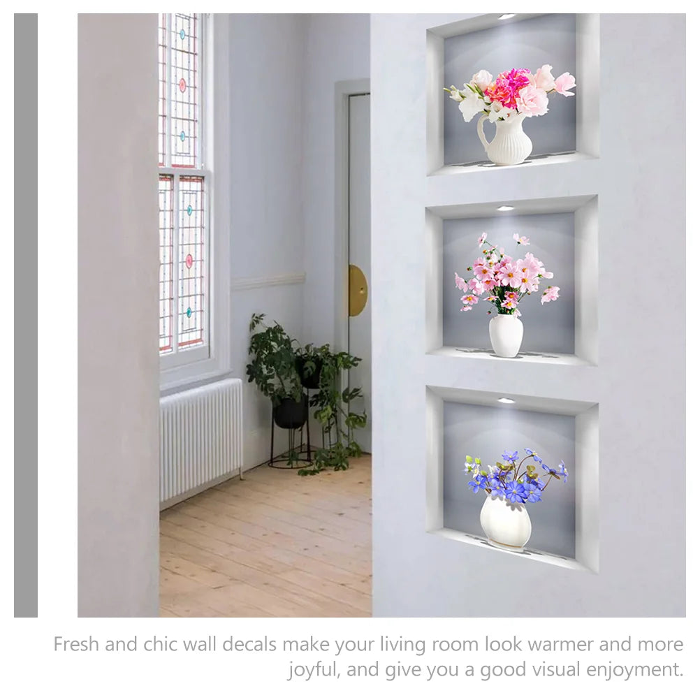 3 Pcs 3D Three-dimensional Simulation Window Flower Wall Sticker Vase Household